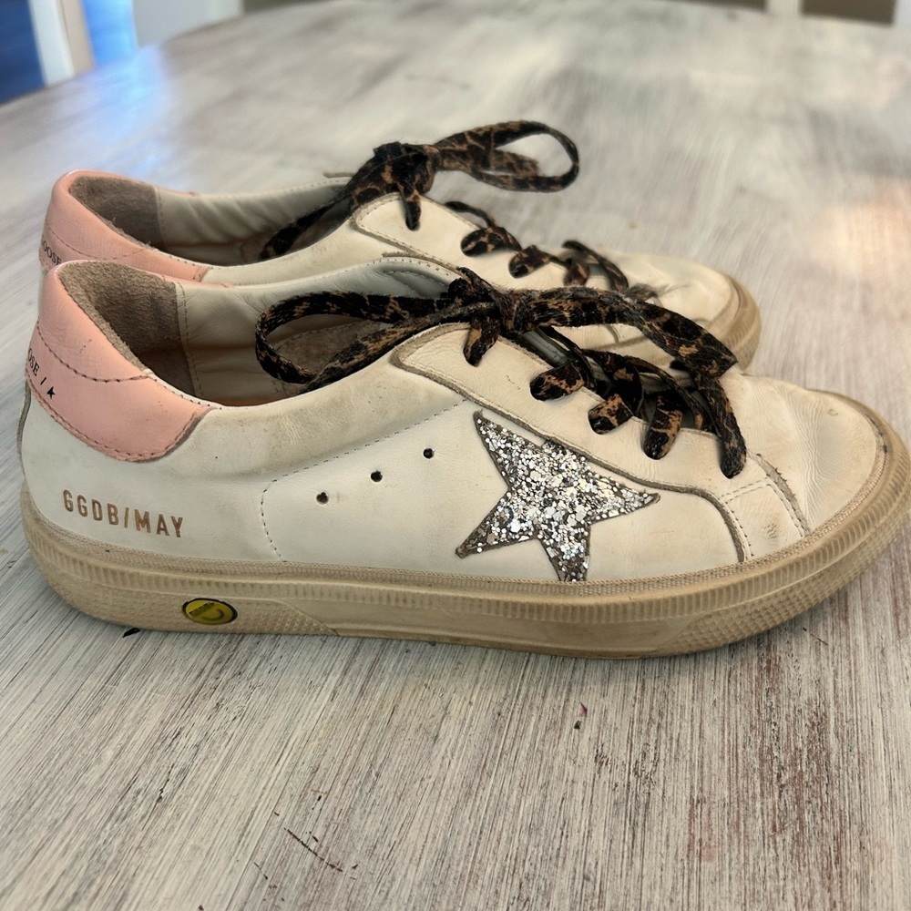 Golden Goose May Sneakers Size 34 Silver Star Pink Heel Leopard Laces